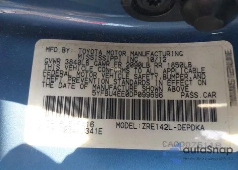 2013 Toyota Corolla L from USA, damaged, VIN 5YFBU4EE0DP099696